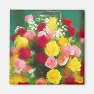 Imán Pintado Rose Bouquet - Arte de Flor Original.