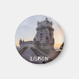 Imán Pintura acuarela de la torre Belem al atardecer
