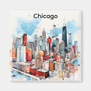Imán Pintura al Acuarela del Horizonte de Chicago Paisa
