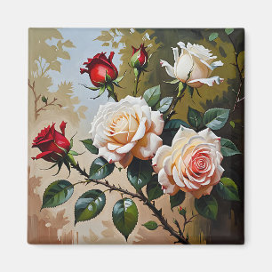 Imán pintura al óleo de rosas blancas y rojas de color