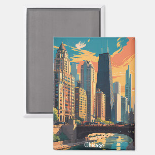 Imán Pintura Colorida del Horizonte de Chicago Illinois
