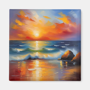 Imán Pintura de aceite de la puesta de sol de los naran