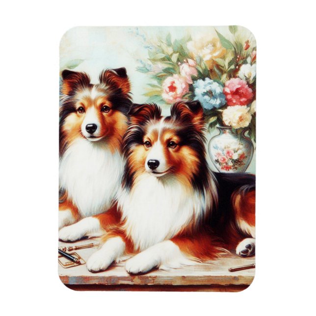 Imán Pintura de aceite de perros recortados retro (Vertical)