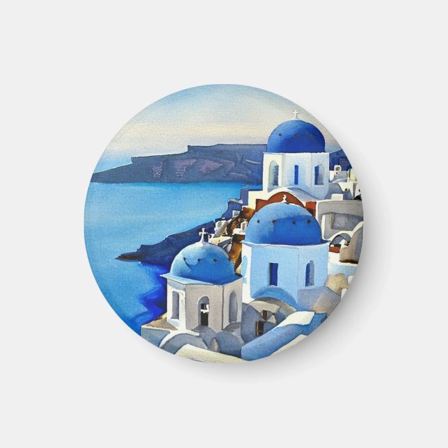 Imán Pintura de acuarela de Santorini Grecia (Frente)