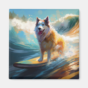 Imán Pintura de Alaskan Malamute haciendo surf en la pl