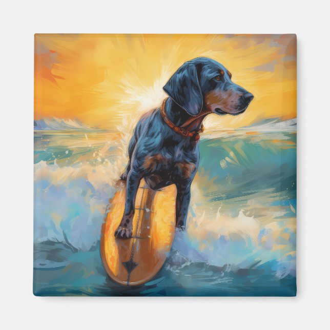 Imán Pintura de Bluetick Coonhound Beach Surfing (Frente)