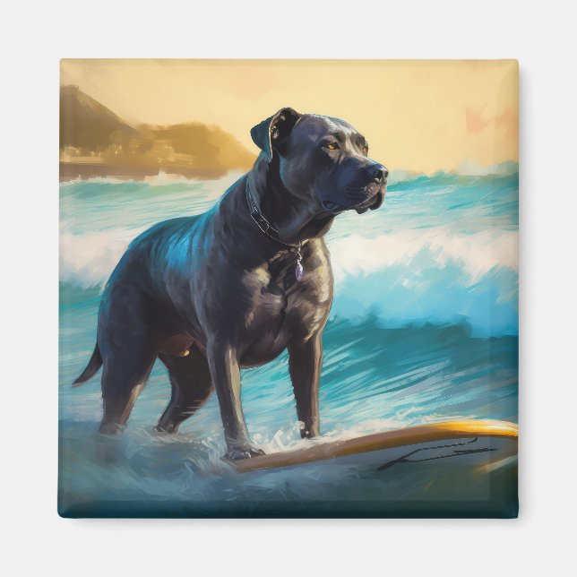 Imán Pintura de Cane Corso en la playa surfeando (Frente)