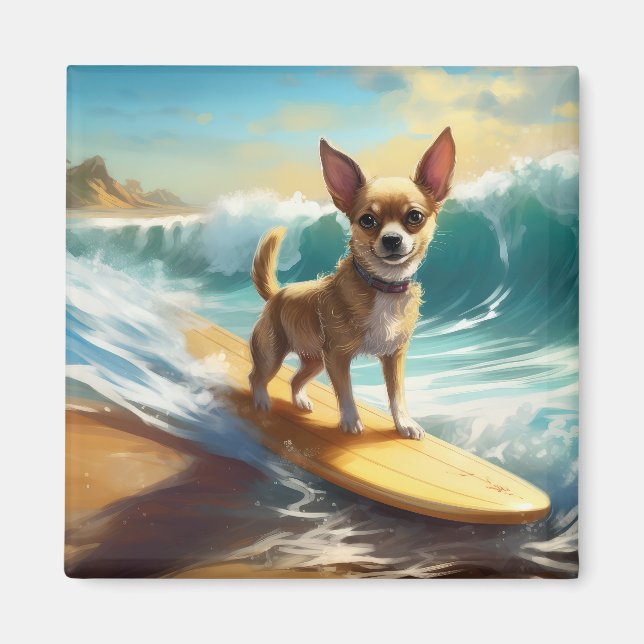 Imán Pintura de Chihuahua Beach Surfing (Frente)