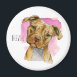 Imán Pintura de color de agua del Bulldog de la boca in<br><div class="desc">Esta es una pintura acuarela de un perro barbero con la cabeza inclinada. Hay un fondo abstracto magenta/rosa. Puede imprimir el nombre de su mascota o su nombre en este elemento.</div>
