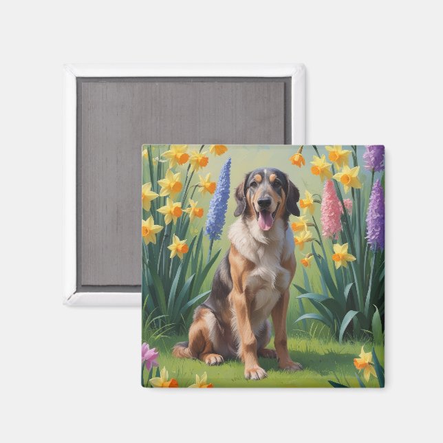 Imán Pintura de Flores de Primavera con Perro Lebrel Ir (Anverso/Reverso)