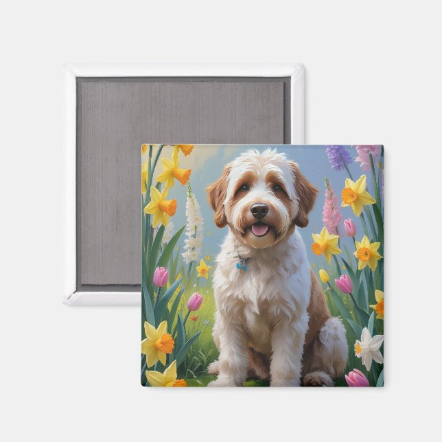 Imán Pintura de flores de primavera de Bernedoodle  (Anverso/Reverso)