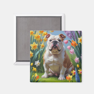 Imán Pintura de flores de primavera de Bulldog