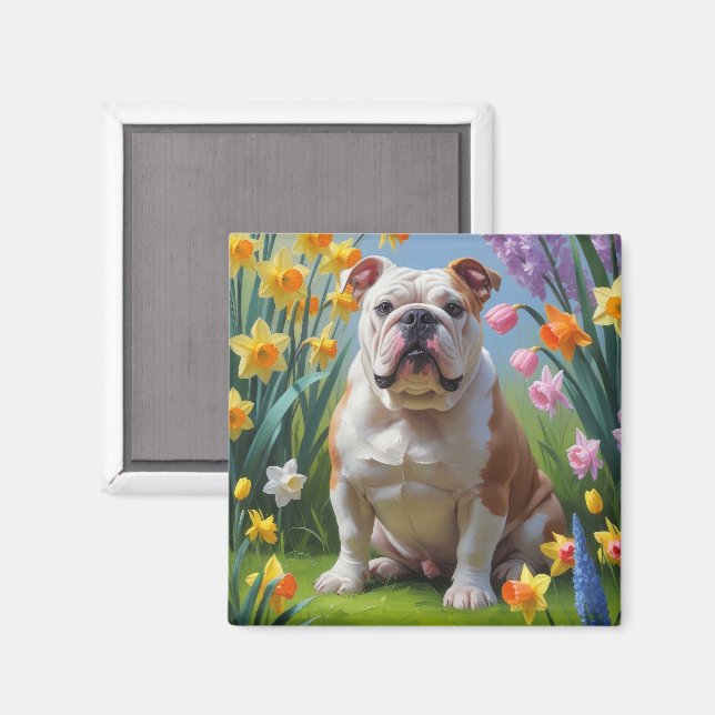 Imán Pintura de flores de primavera de Bulldog (Anverso/Reverso)
