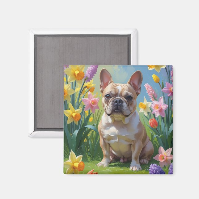 Imán Pintura de flores de primavera de Bulldog Francés (Anverso/Reverso)