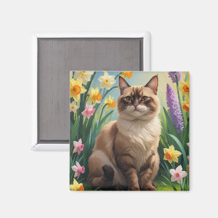 Imán Pintura de flores de primavera de gato abisinio