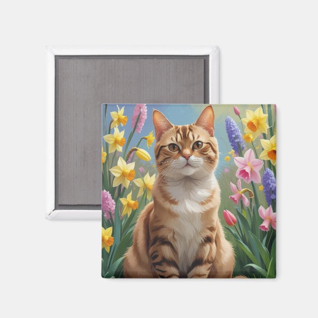 Imán Pintura de flores de primavera de gato Bengalí (Anverso/Reverso)