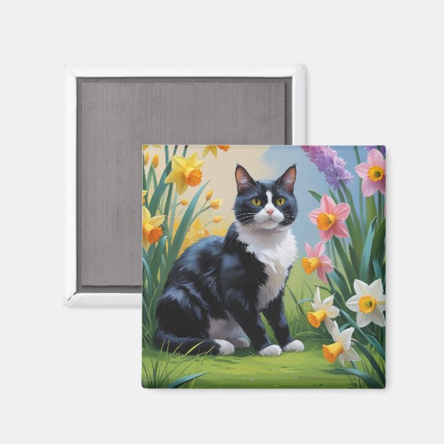 Imán Pintura de flores de primavera de gato esmoquin  (Anverso/Reverso)