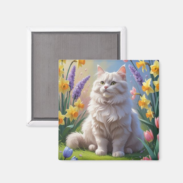 Imán Pintura de flores de primavera de gato siberiano (Anverso/Reverso)
