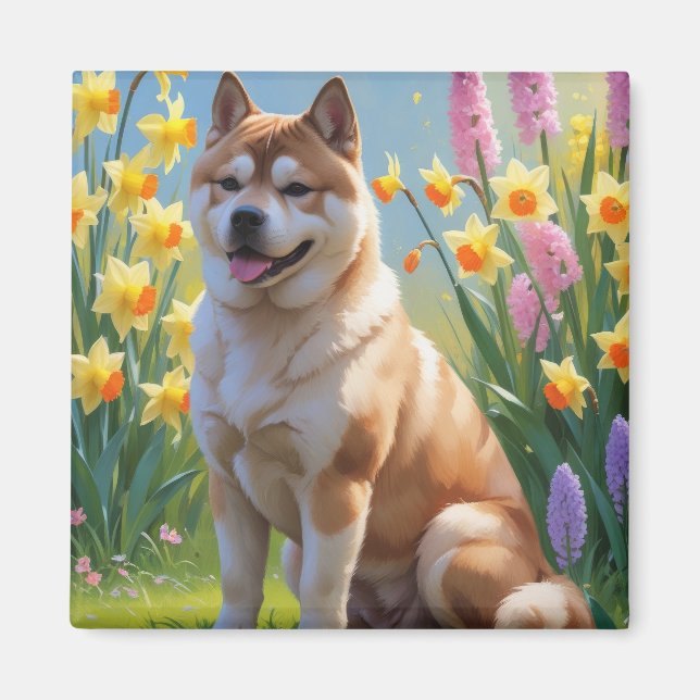 Imán Pintura de Flores de Primavera de Perro Akita (Frente)