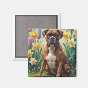 Imán Pintura de flores de primavera de perro boxer