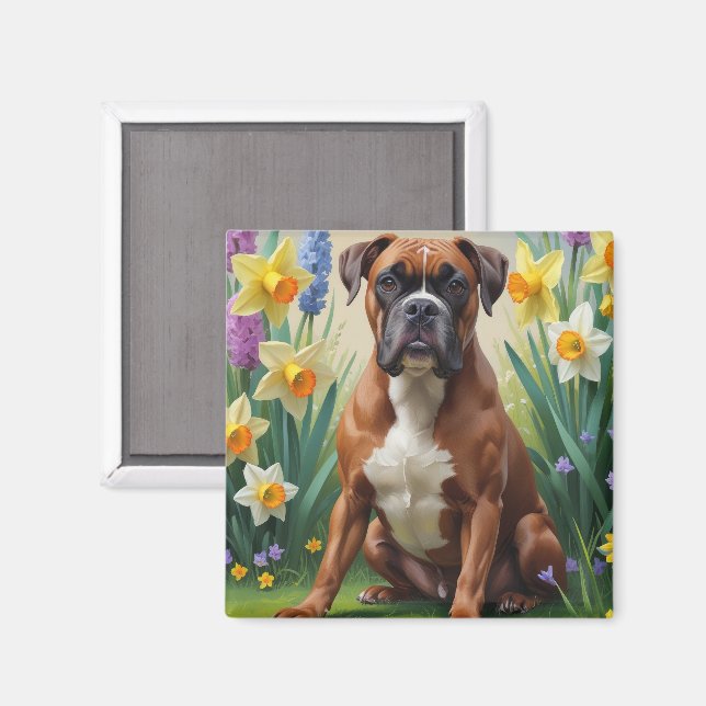 Imán Pintura de flores de primavera de perro boxer (Anverso/Reverso)