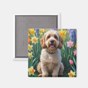 Imán Pintura de flores de primavera de perro Cockapoo
