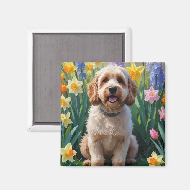 Imán Pintura de flores de primavera de perro Cockapoo (Anverso/Reverso)