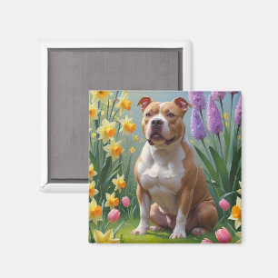 Imán Pintura de flores de primavera de perro Pitbull