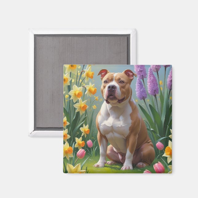 Imán Pintura de flores de primavera de perro Pitbull (Anverso/Reverso)