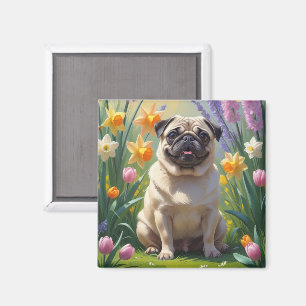 Imán Pintura de flores de primavera de perro Pug
