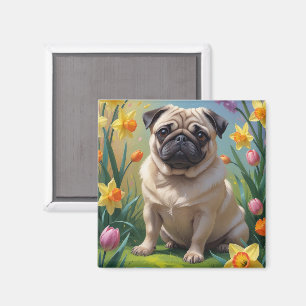 Imán Pintura de flores de primavera de perro Pug