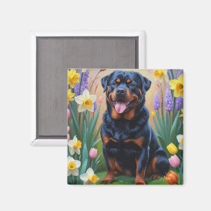 Imán Pintura de Flores de Primavera de Perro Rottweiler