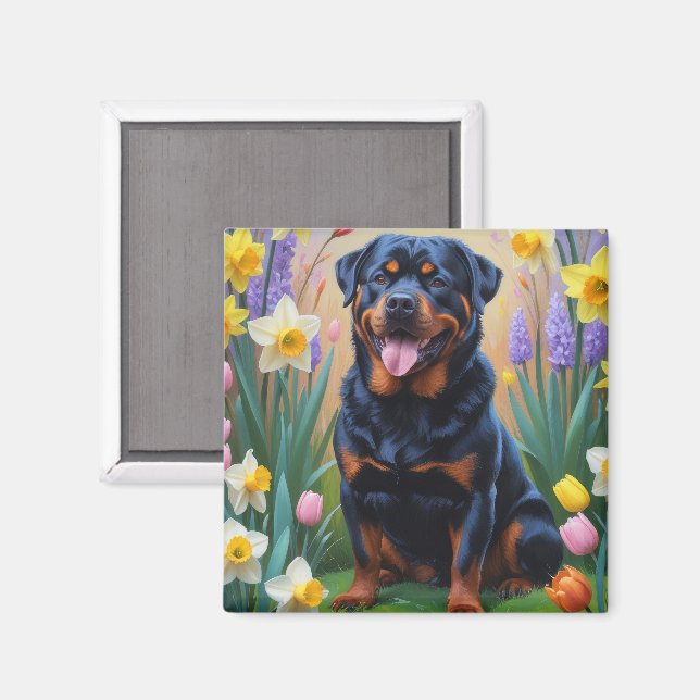 Imán Pintura de Flores de Primavera de Perro Rottweiler (Anverso/Reverso)