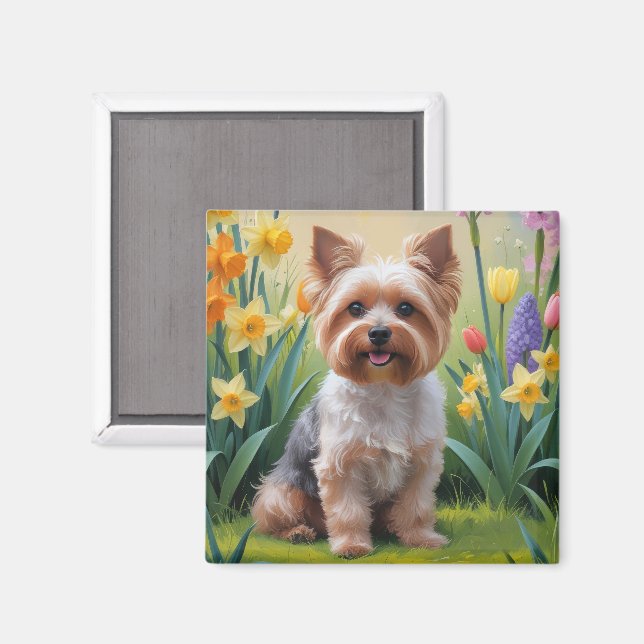 Imán Pintura de flores de primavera de perro Yorkipoo (Anverso/Reverso)
