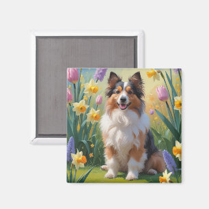 Imán Pintura de flores de primavera de Shetland Sheepdo