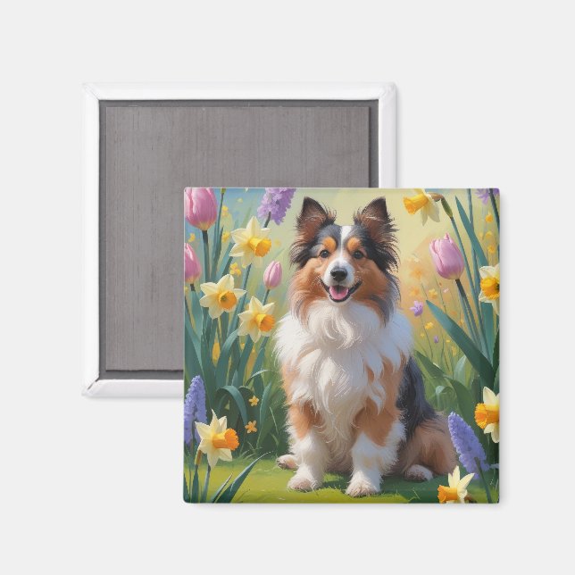 Imán Pintura de flores de primavera de Shetland Sheepdo (Anverso/Reverso)