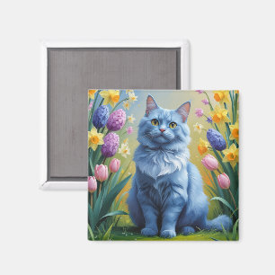 Imán Pintura de flores de primavera del gato azul ruso