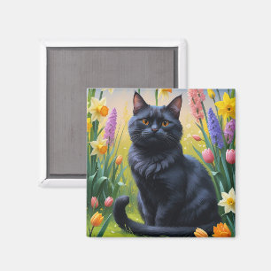 Imán Pintura de flores de primavera del gato negro