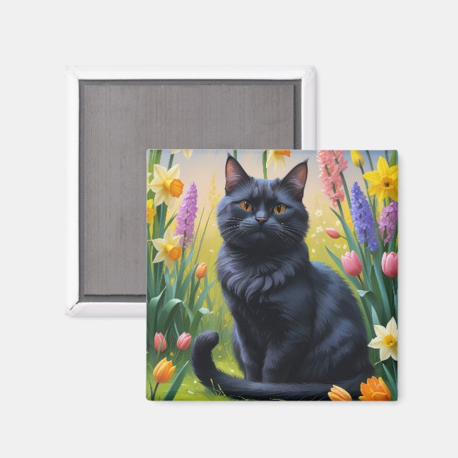 Imán Pintura de flores de primavera del gato negro (Anverso/Reverso)