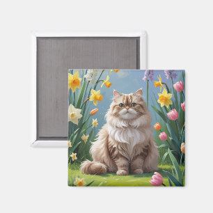 Imán Pintura de flores de primavera del gato persa