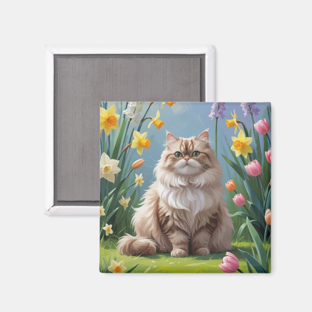 Imán Pintura de flores de primavera del gato persa (Anverso/Reverso)