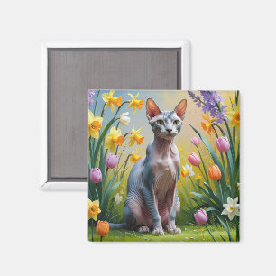 Imán Pintura de flores de primavera del gato Sphynx