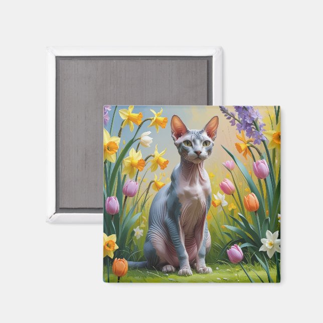 Imán Pintura de flores de primavera del gato Sphynx (Anverso/Reverso)