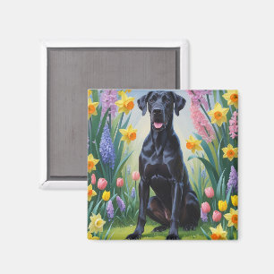 Imán Pintura de flores de primavera del gran danés negr