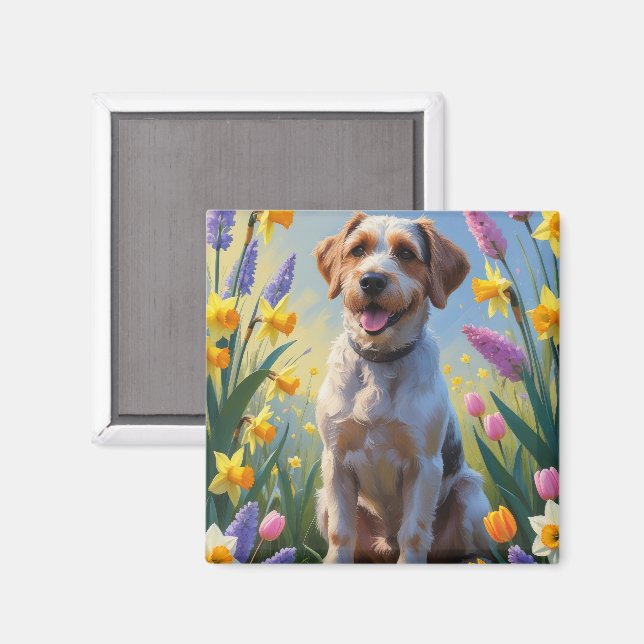 Imán Pintura de flores de primavera del Griffon apuntan (Anverso/Reverso)
