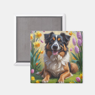 Imán Pintura de flores de primavera del pastor belga