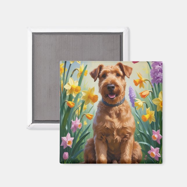 Imán Pintura de flores de primavera del perro Airedale (Anverso/Reverso)