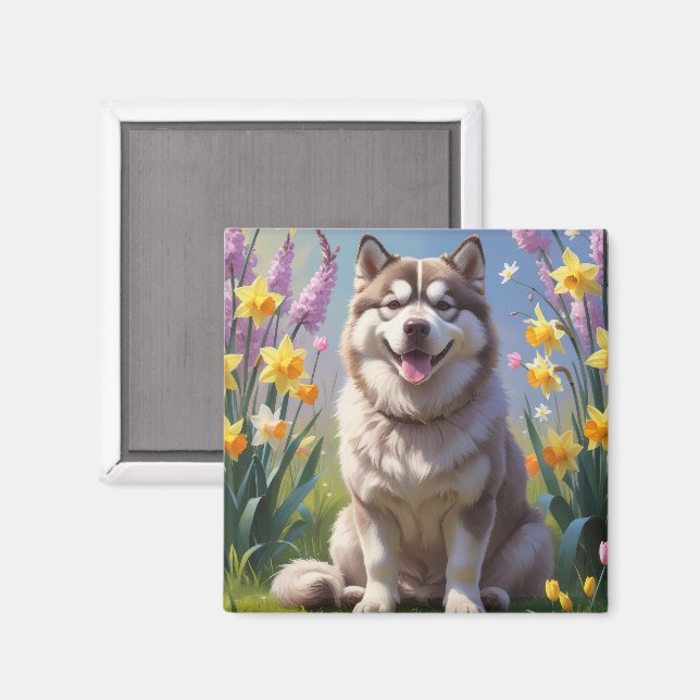 Imán Pintura de flores de primavera del perro Alaskan M (Anverso/Reverso)