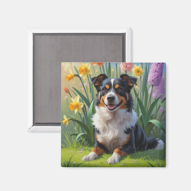 Imán Pintura de flores de primavera del perro Australia (Anverso/Reverso)