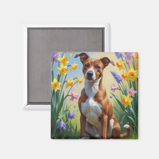 Imán Pintura de flores de primavera del perro Basenji  (Anverso/Reverso)